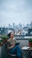 Young woman relaxing on urban rooftop terrace with tablet and coffee during evening twilight with city skyline background for lifestyle content.