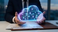 Businessman in suit holding glowing cloud computing hologram with security icons and network connections over documents on desk for digital transformation.