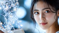 Young Asian woman with gentle smile and natural makeup against blurred blue bokeh background with decorative crystal branches creating dreamy atmosphere.
