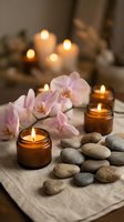 Serene spa setting with glowing amber candles, pink orchids, and smooth stones on linen, evoking relaxation and wellness ambiance.