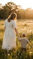 Mother and toddler son walking hand in hand through golden meadow at sunset, warm family bonding moment in natural outdoor setting for parenting content.
