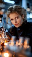 Young blonde female scientist working in modern laboratory with glassware and equipment. Professional researcher conducting experiments in chemistry lab setting.