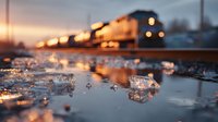 Train travels through winter landscape with ice crystals reflecting warm sunset light on wet railway tracks creating magical bokeh atmosphere.