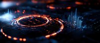 Futuristic spiral of glowing orange light trails with blue accents against dark background, digital audio waves and geometric elements creating dynamic composition.