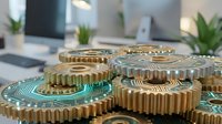 Brass gears and cogs arranged on turquoise circuit board pattern with blurred office workspace background, representing technology, engineering, and mechanical systems for industrial design projects.