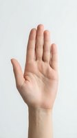 Open palm hand gesture showing stop sign on white background for communication and body language concepts.