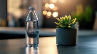 Clear plastic water bottle and green succulent plant in dark pot on table with soft bokeh lights in background, minimalist composition for wellness concept.
