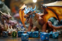 Fantasy tabletop gaming scene with dragon figurine and blue polyhedral dice arranged on wooden surface, creating atmospheric roleplaying setup for adventure games.
