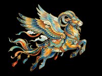 Ornate winged mythical creature with intricate gold, blue and orange patterning, isolated on transparent background. Ready for t-shirts, clipart, stickers, sublimation and print-on-demand designs.