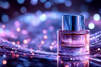 Elegant perfume bottle on reflective surface with dreamy purple and blue bokeh lights creating magical atmosphere for luxury cosmetic advertising.