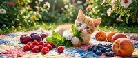 Ginger kitten surrounded by fresh raspberries, blueberries, and peaches on colorful blanket in garden setting. Ideal for pet food, nutrition, and summer lifestyle content.