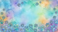 Watercolor gradient background with soft pastel colors transitioning from blue, purple, green to yellow, decorated with ornamental floral patterns and circular mandala elements along bottom border.