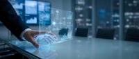 Businessman hand touching digital interface with data analytics and network icons on glass screen in modern office environment for technology solutions.