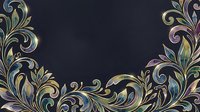 Elegant floral ornament with iridescent leaves and golden accents on dark navy background, decorative border for luxury design.