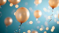 Festive golden balloons floating against turquoise blue background with soft bokeh lights creating magical party atmosphere for celebration designs.