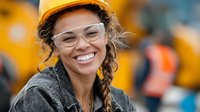 Happy African American female construction worker wearing safety helmet and glasses smiling at camera on building site with equipment in background.