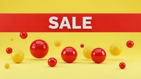 Bright yellow background with red banner displaying SALE text and colorful spheres for promotional marketing campaigns and retail advertising.