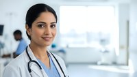 Professional female doctor with stethoscope smiling confidently in modern hospital setting with medical team background for healthcare marketing.