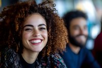Happy young mixed-race woman with curly hair smiling in office environment with diverse colleagues in background for business teamwork concepts.