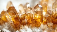 Amber colored citrine crystal cluster formation with translucent points and natural formations emerging from white crystalline base, macro photography with soft lighting.