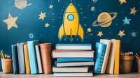 Yellow cartoon rocket on stack of books against blue wall with stars and planets, pencils in holders, educational space theme background for children room or library.