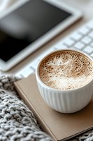 Hot chocolate in white ceramic cup with frothy milk foam, placed on book near knitted blanket and digital tablet, creating cozy workspace atmosphere.