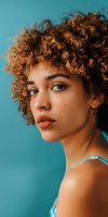 Young mixed race woman with natural curly hair and coral lipstick in profile view against turquoise background, wearing minimal summer attire. Professional beauty portrait.