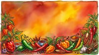 Vibrant watercolor border featuring assorted fresh peppers and chili in warm autumn tones, ideal for food packaging, recipe cards, and culinary design projects.