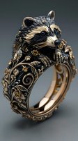 Ornate gold ring featuring detailed raccoon head design with intricate floral patterns, black enamel accents and gemstone details. Luxury jewelry piece on dark background.