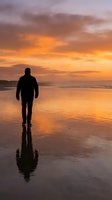 Silhouetted male figure walking on wet beach sand during golden sunset with dramatic orange sky and ocean reflection for travel and lifestyle concepts.