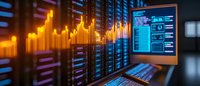 Glowing orange financial charts and data visualization on digital screens in dark trading environment with blue technology elements.