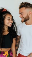 Young interracial couple sharing genuine laughter against white background. Asian woman with curly hair and colorful skirt, Caucasian man with beard and tattoos in white t-shirt.