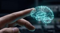 Human hand reaching toward glowing digital brain hologram with neural network connections representing artificial intelligence and futuristic technology concepts.