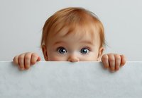 Curious baby with bright blue eyes and ginger hair peeking over white edge, small hands gripping surface, showing playful expression against light background.