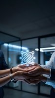 Diverse business team stacking hands together over glowing neon knot symbol in modern office, representing unity, collaboration, teamwork and corporate partnership goals.
