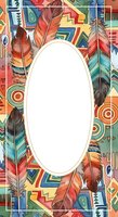 Colorful tribal feather frame with geometric patterns and native ornaments, isolated on white background, ready for design projects, invitations, and creative layouts.