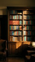 Classic wooden bookshelf filled with colorful books in cozy library interior with warm lighting and leather furniture for home office decor.