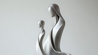 Minimalist white sculpture depicting mother and child figures with flowing, abstract forms against neutral background. Represents family bond and maternal love.