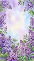 Lilac flowers frame a soft watercolor background with green foliage, creating an isolated botanical border design suitable for invitations, greeting cards, and decorative projects.