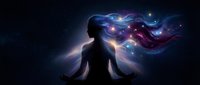 Woman silhouette meditating with cosmic galaxy hair flowing in space, spiritual energy and mindfulness concept for wellness and meditation designs.