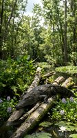 Fallen logs covered in moss create natural habitat in lush forest wetland with ferns and wildflowers blooming in dappled sunlight for nature conservation.
