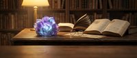 Magical crystal glowing on wooden desk with open books and quill pen in cozy library setting with warm lamp light creating mystical academic atmosphere.