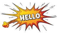 Comic book style explosion burst with HELLO text in bold letters. Colorful pop art speech bubble with radiating lines on white background for greeting designs.