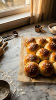 Freshly baked golden hamburger buns with sesame seeds on parchment paper in rustic kitchen setting with warm natural light from window and baking tools.