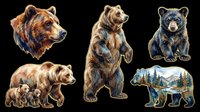 Watercolor bear clipart set with grizzly, black bear, mother with cubs, and nature silhouette, isolated on transparent background, ready for stickers, t-shirt design, and print on demand.