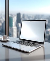Modern laptop with blank screen on desk overlooking city skyline, with coffee cup beside it, perfect for business and technology concepts.