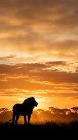 Majestic lion silhouette standing on savanna grassland against dramatic golden sunset sky with orange clouds and acacia trees on horizon for wildlife photography.