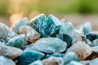 Raw blue apatite and white quartz crystal stones in natural sunlight, showing mineral texture and rough surface with bokeh background effect.