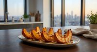 Roasted pumpkin slices with herbs on plate in modern kitchen with city skyline view through large windows during golden hour sunset lighting.