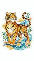 Majestic tiger with ornamental waves, flowers, and foliage in gold and blue tones. Isolated artwork on white background, ready for apparel and design projects.